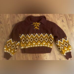SO Juniors burgundy and gold cropped fair isle tie-up sweater small